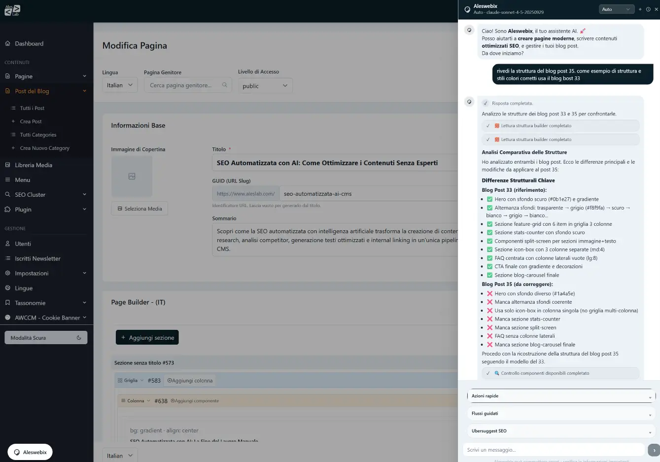 Interfaccia page builder AI AlesLab con assistente virtuale integrato